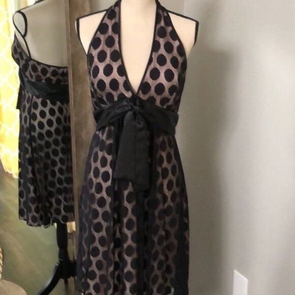 bebe Dresses & Skirts - Vintage Y2K Bebe Black Polka Dot Lace Halter Deep V Bowtie Cocktail Dress Size S